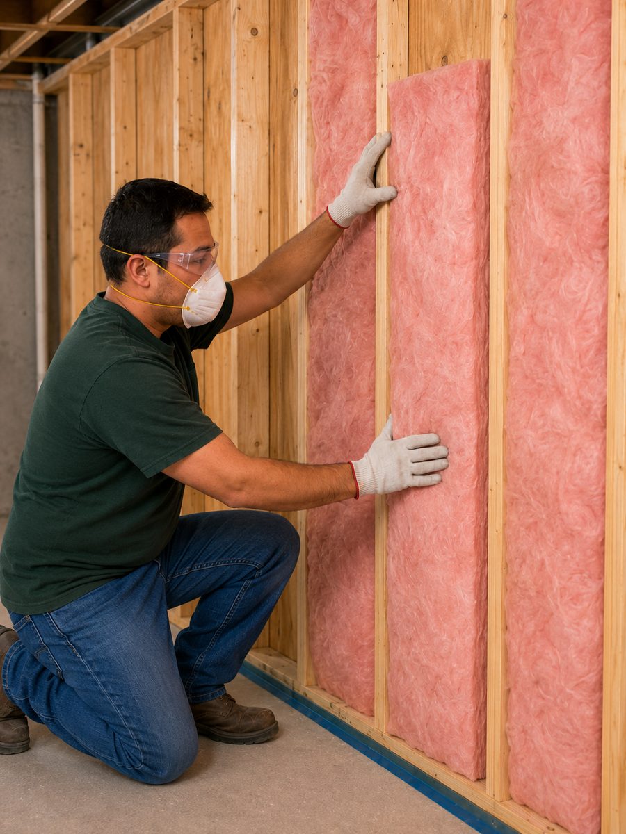 Crew insulating basement walls in a Washington home