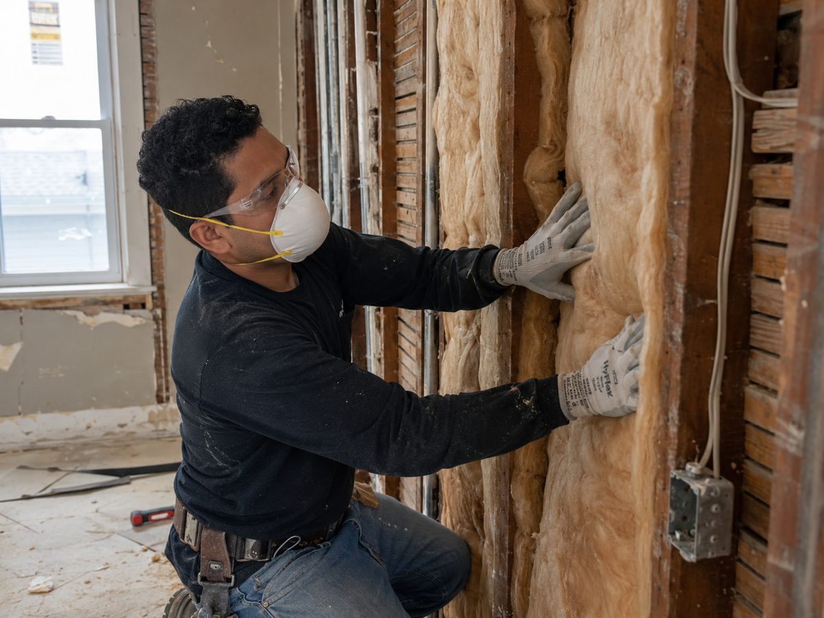 New insulation installed in walls before drywall during a remodel