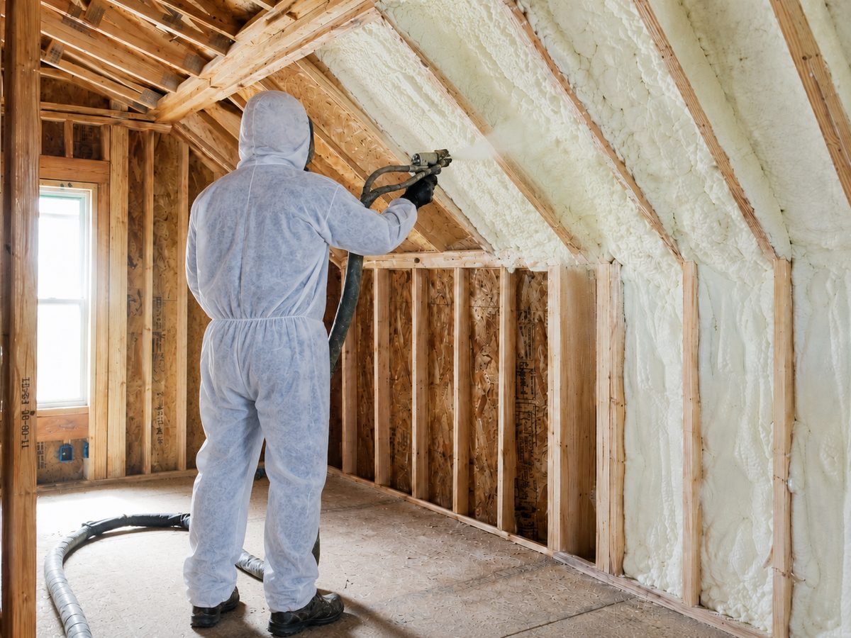 Technician applying spray foam insulation to a wall cavity